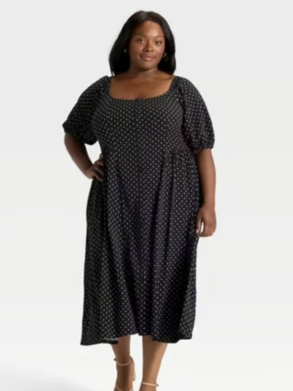 Ava & Viv Black Polka Dot Midi Dress with Puff Sleeves 3X NWT $40 MSRP